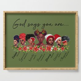 God Says African American Women Scripture Christian Christmas Green Serving Tray