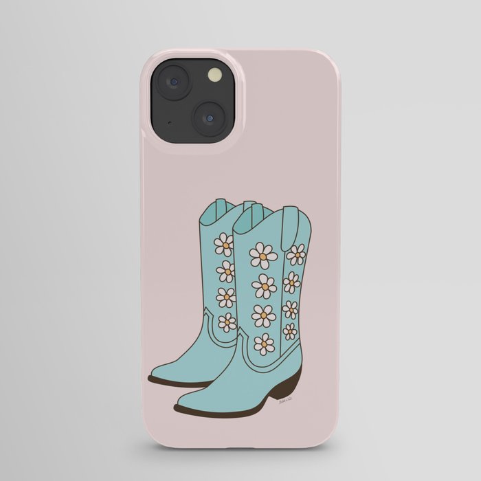 Western Vintage Floral Cowboy Boots with Daisies in Blush and Mint Blue iPhone Case