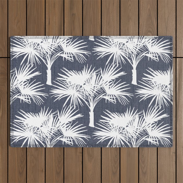 70’s Tropical Palm Trees White on Navy Outdoor Rug