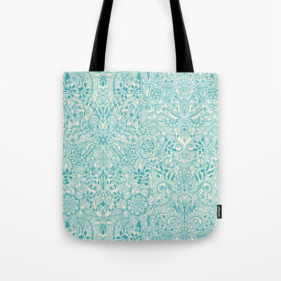 Detailed Floral Pattern in Teal and Cream Tote Bag