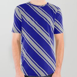 [ Thumbnail: Dark Blue and Dark Gray Colored Lined Pattern All Over Graphic Tee ]