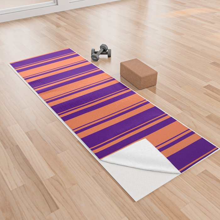 Indigo and Coral Colored Lined Pattern Yoga Towel