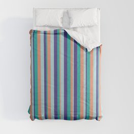 [ Thumbnail: Light Sea Green, Dark Slate Blue, Powder Blue, and Dark Salmon Colored Striped Pattern Comforter ]