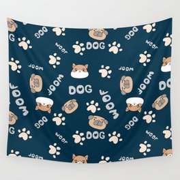 Blue pattern with cute, funny happy dogs. Paw prints, woof with hearts text and pets. Wall Tapestry