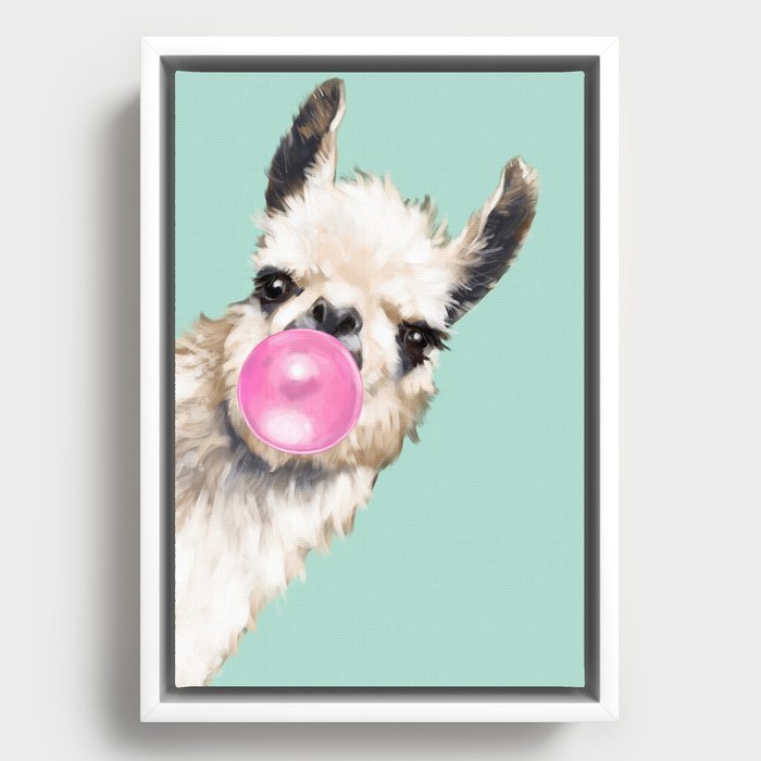 Bubble Gum Sneaky Llama in Green Framed Canvas
