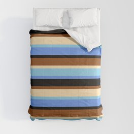 [ Thumbnail: Brown, Beige, Sky Blue, Cornflower Blue & Black Colored Striped Pattern Comforter ]