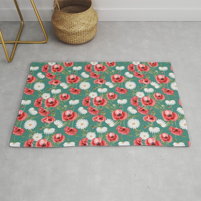 Daisy and Poppy Seamless Pattern on Green Blue Background Rug