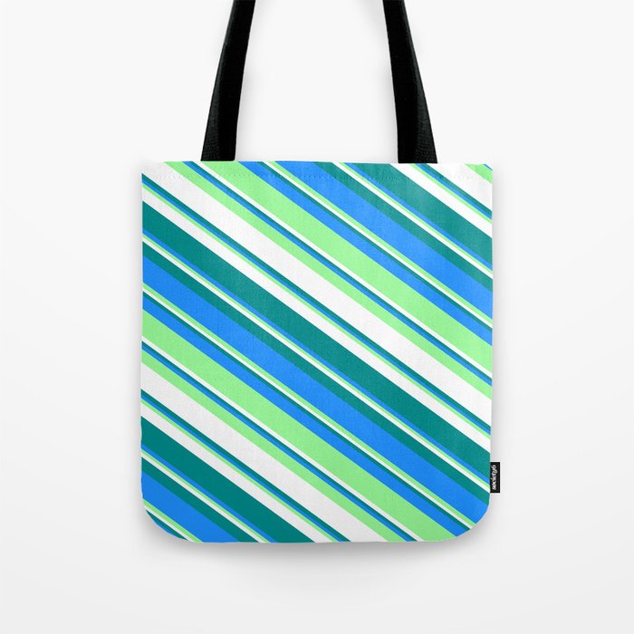 Dark Cyan, Blue, Green & White Colored Striped Pattern Tote Bag