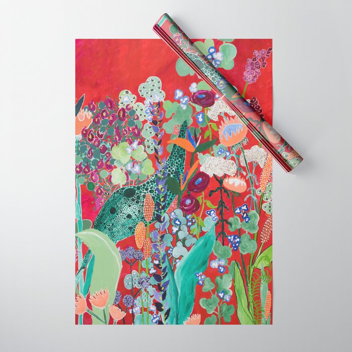 Red floral Jungle Garden Botanical featuring Proteas, Reeds, Eucalyptus, Ferns and Birds of Paradise Wrapping Paper