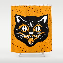Vintage Type Halloween Black Cat Face Stars Orange Shower Curtain | Orange, Cat Fangs, Black Stars, Halloween Cat, Cat Head, Orange Black White, Black, Graphicdesign, Graphic Design, Black Cat 