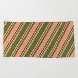 [ Thumbnail: Dark Salmon and Dark Olive Green Colored Striped/Lined Pattern Beach Towel ]