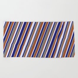 [ Thumbnail: Lavender, Midnight Blue, Gray, and Sienna Colored Lined/Striped Pattern Beach Towel ]