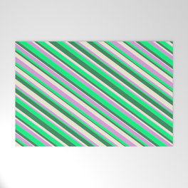 [ Thumbnail: Beige, Plum, Green, and Sea Green Colored Striped Pattern Welcome Mat ]