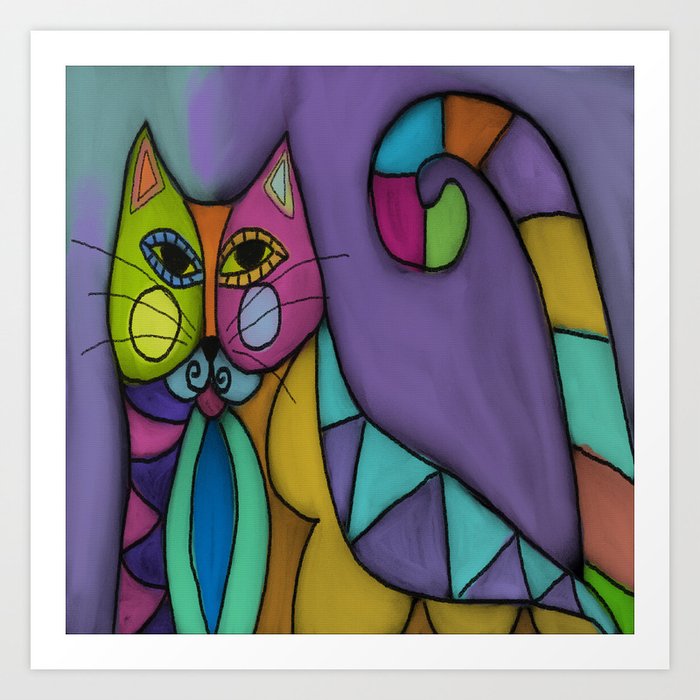 Cat Of Many Colors Abstract Digital Painting Art Print By