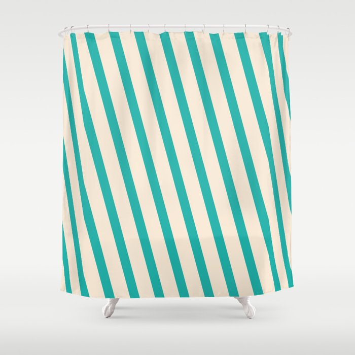 Light Sea Green & Beige Colored Stripes/Lines Pattern Shower Curtain