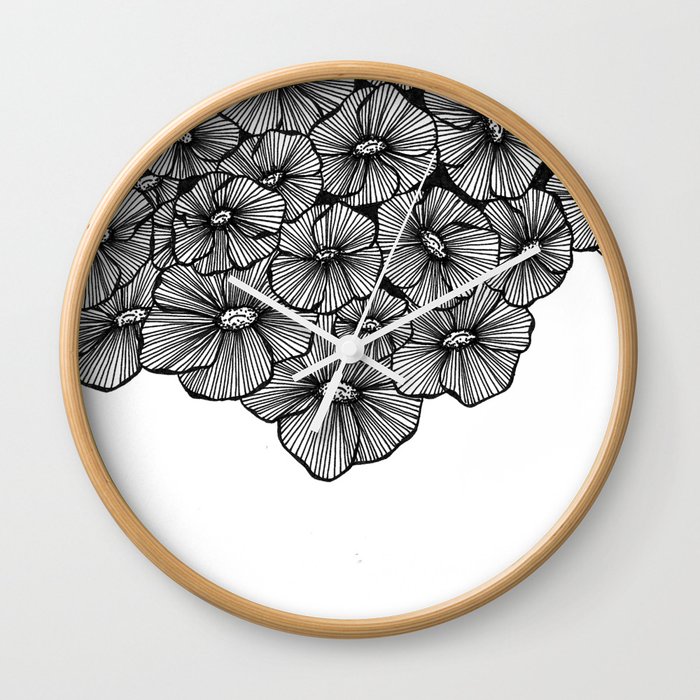 Grayscale Poppies Wall Clock