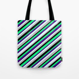 [ Thumbnail: Green, Indigo, Light Cyan, Grey, and Black Colored Lines Pattern Tote Bag ]