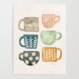 Pattern Mugs Watercolor Poster | Earthy, Watercolor, Pattern, Kitchenart, Tea, Painting, Curated, Mugs, Minimalist, Coffeecups 