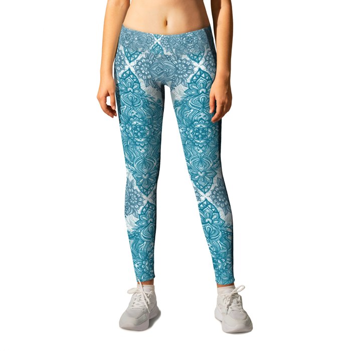 Teal & White Lace Pencil Doodle Leggings by micklyn | Society6