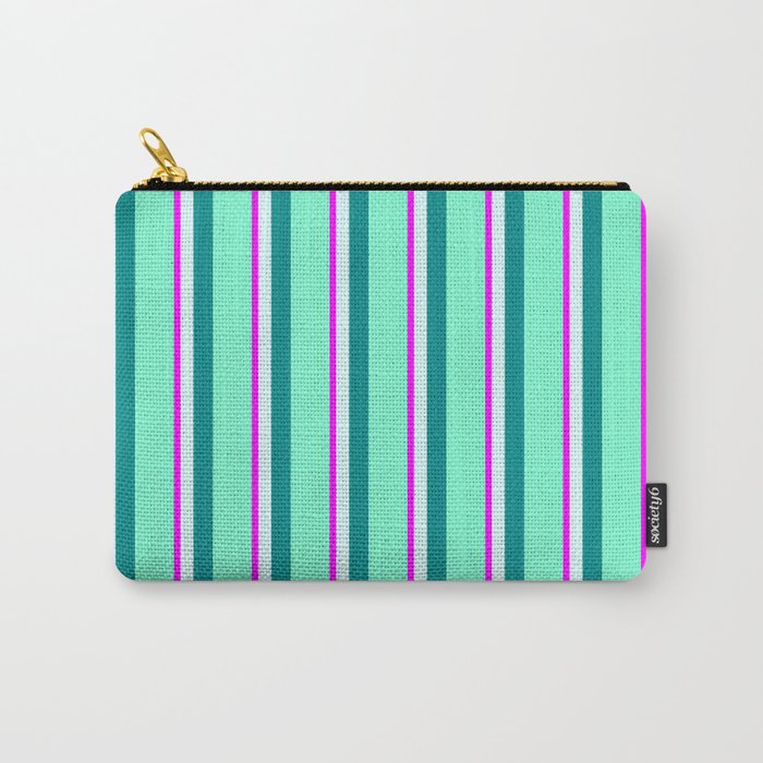 Fuchsia, Light Cyan, Dark Cyan, and Aquamarine Colored Pattern of Stripes Carry-All Pouch