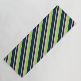 [ Thumbnail: Light Pink, Green, and Midnight Blue Colored Striped/Lined Pattern Yoga Mat ]