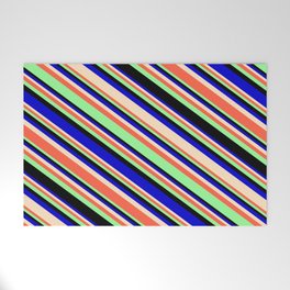 [ Thumbnail: Eye-catching Blue, Bisque, Red, Green, and Black Colored Lines/Stripes Pattern Welcome Mat ]