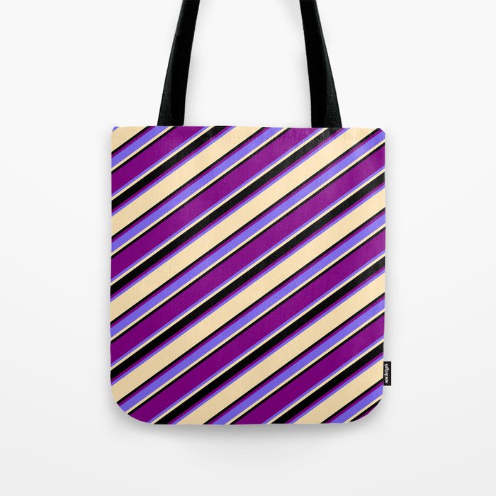 Purple, Medium Slate Blue, Beige, and Black Colored Striped/Lined Pattern Tote Bag