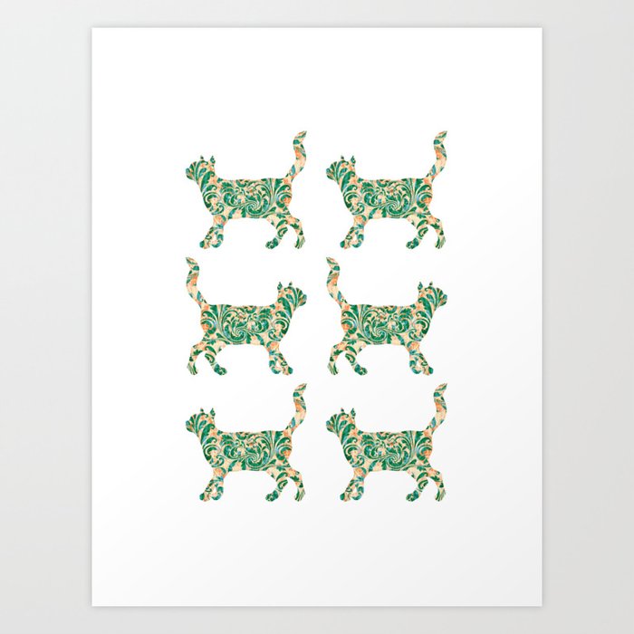 Cat Walking Silhouette - Green Vintage Damask Pattern Art Print