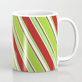 [ Thumbnail: Red, Light Green, Green & Mint Cream Colored Lines Pattern Coffee Mug ]