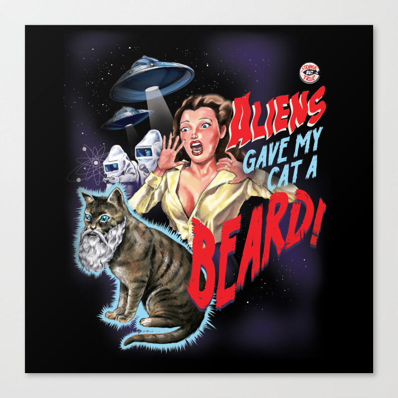 Aliens Gave My Cat A Beard Black Canvas Print By Stevenrhodes
