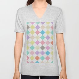 Colorful Pastel and White Diamond Checkered Retro Pattern V Neck T Shirt