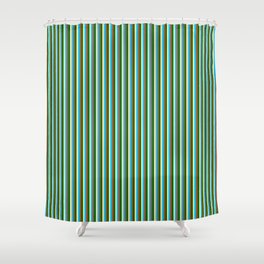 [ Thumbnail: Pale Goldenrod, Deep Sky Blue, Sienna & Dark Green Colored Lined/Striped Pattern Shower Curtain ]