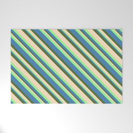 [ Thumbnail: Green, Blue, Dark Olive Green, and Bisque Colored Striped/Lined Pattern Welcome Mat ]