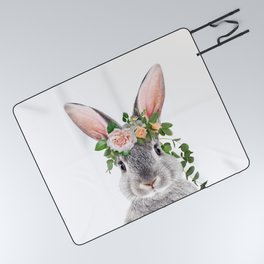 Baby Rabbit, Grey Bunny with Flower Crown, Baby Animals Art Print by Synplus Picnic Blanket
