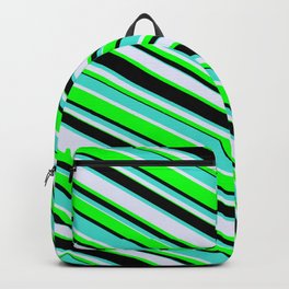 [ Thumbnail: Turquoise, Lavender, Lime & Black Colored Lines Pattern Backpack ]