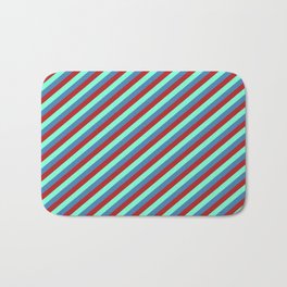 [ Thumbnail: Aquamarine, Blue & Red Colored Lined/Striped Pattern Bath Mat ]