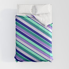 [ Thumbnail: Eye-catching Teal, Purple, Lavender, Dark Blue, and Aquamarine Colored Pattern of Stripes Comforter ]