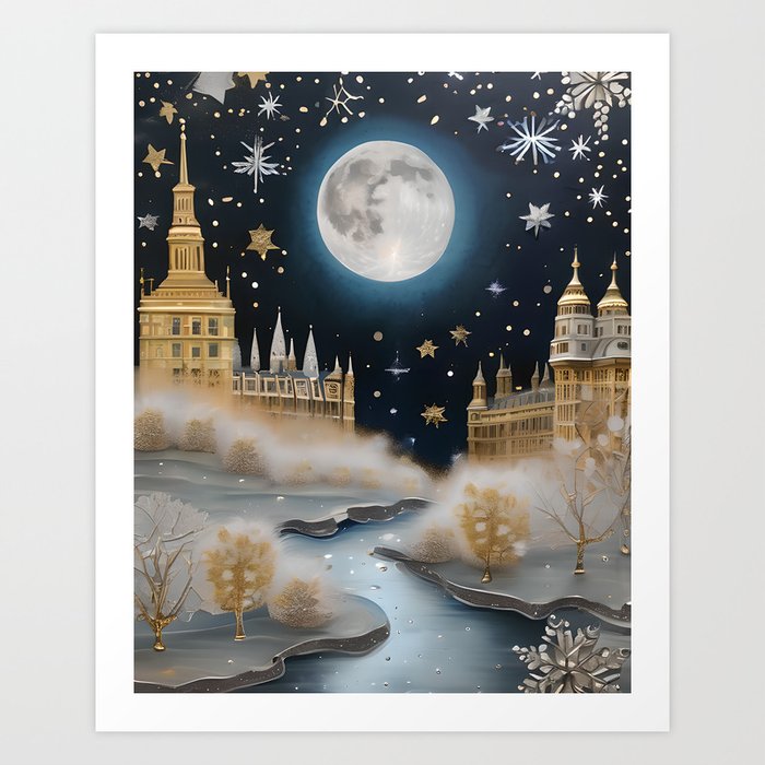 Christmas in London - Thames Winter Holiday Gold and Silver Art Art Print