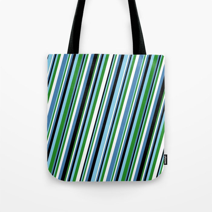 Eye-catching Sky Blue, Forest Green, White, Blue & Black Colored Lined Pattern Tote Bag