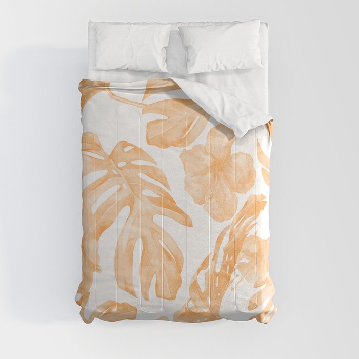 Island Vacation Hibiscus Palm Leaf Coral Orange Comforter