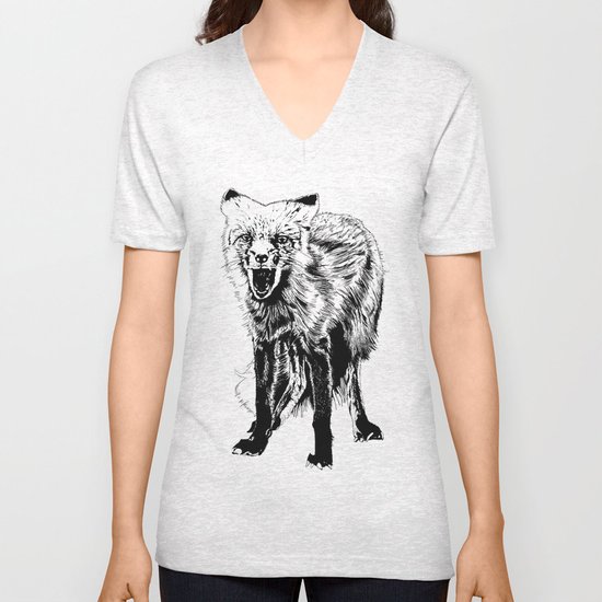 Angry Fox (b&w) Unisex V-Neck