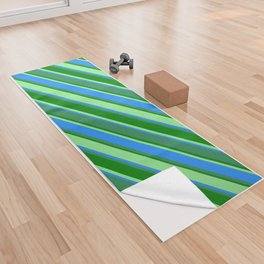 [ Thumbnail: Light Green, Blue, Sea Green, and Green Colored Stripes Pattern Yoga Towel ]