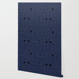 Navy Blue and Black Doodle Kitten Faces Pattern Wallpaper