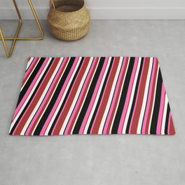 [ Thumbnail: Hot Pink, Brown, White & Black Colored Lined/Striped Pattern Rug ]