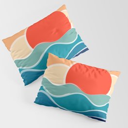 Retro 70s and 80s Color Palette Mid-Century Minimalist Nature Waves and Sun Abstract Art Pillow Sham
