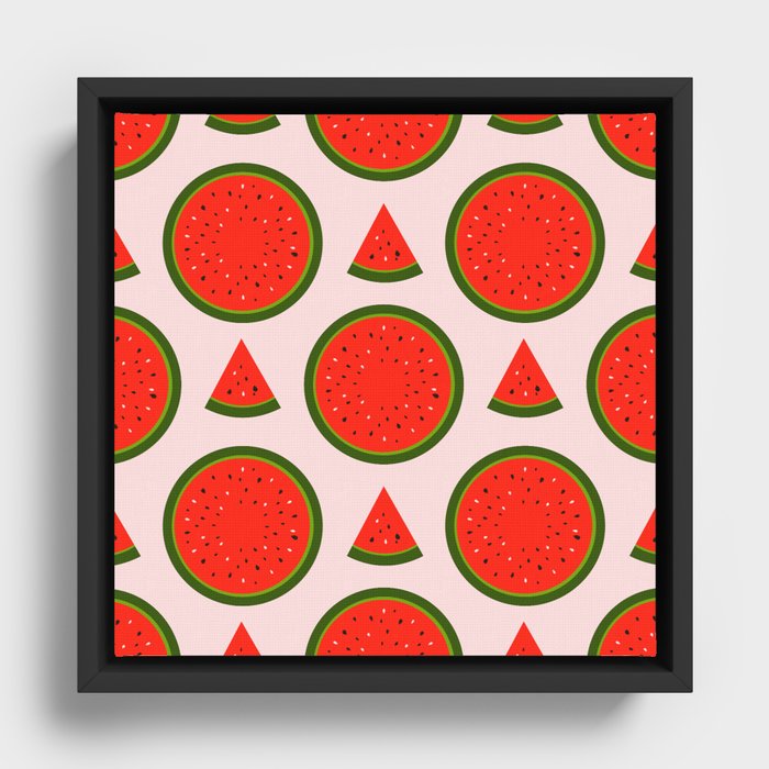 slices of red watermelon on a pink background Framed Canvas