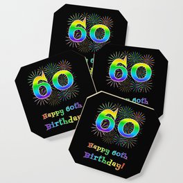 [ Thumbnail: 60th Birthday - Fun Rainbow Spectrum Gradient Pattern Text, Bursting Fireworks Inspired Background Coaster ]