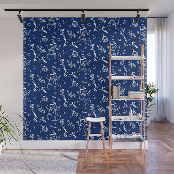 Blue and White Christmas Snowman Doodle Pattern Wall Mural