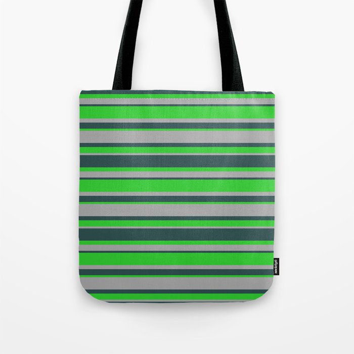 Dark Slate Gray, Lime Green & Dark Gray Colored Stripes Pattern Tote Bag