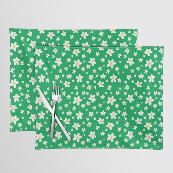 White Daisy Pattern with Emerald Green Placemat